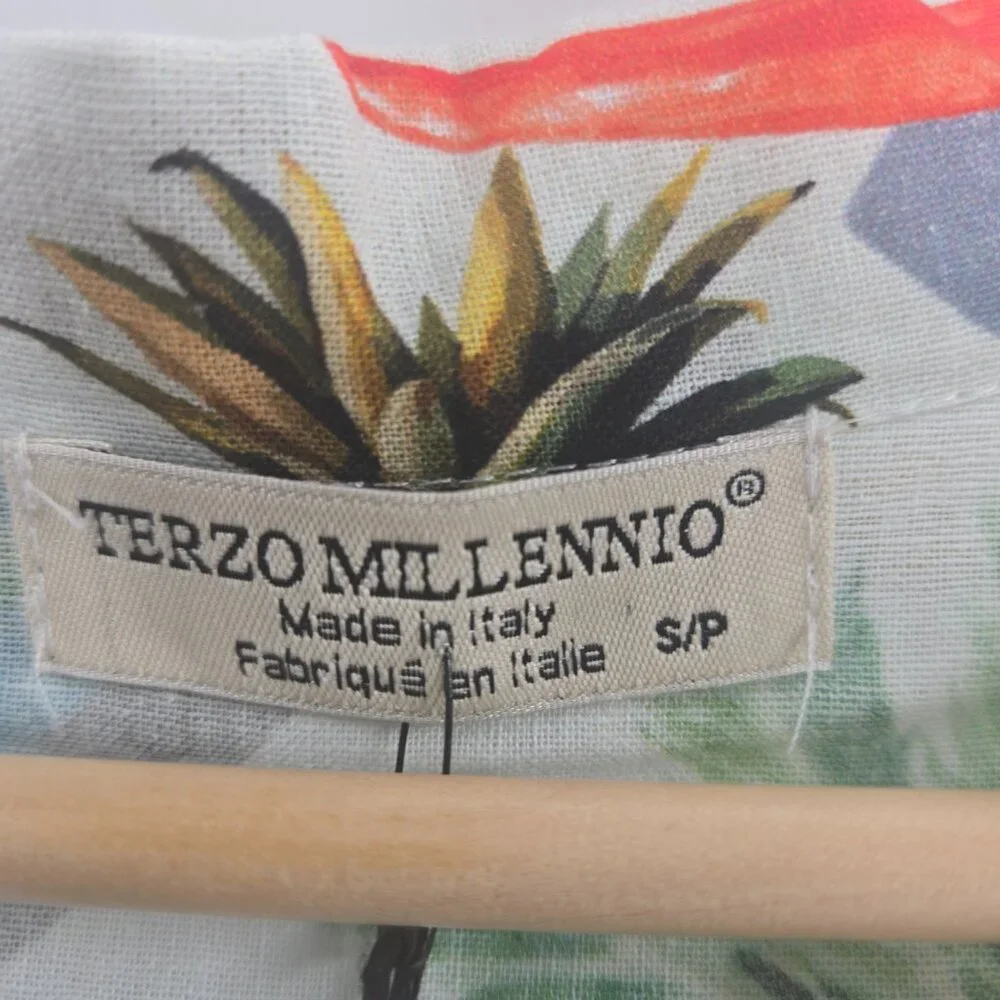Terzo Millenio White Tropical Fruit Linen Made in Italy Sleeveless Blouse Small